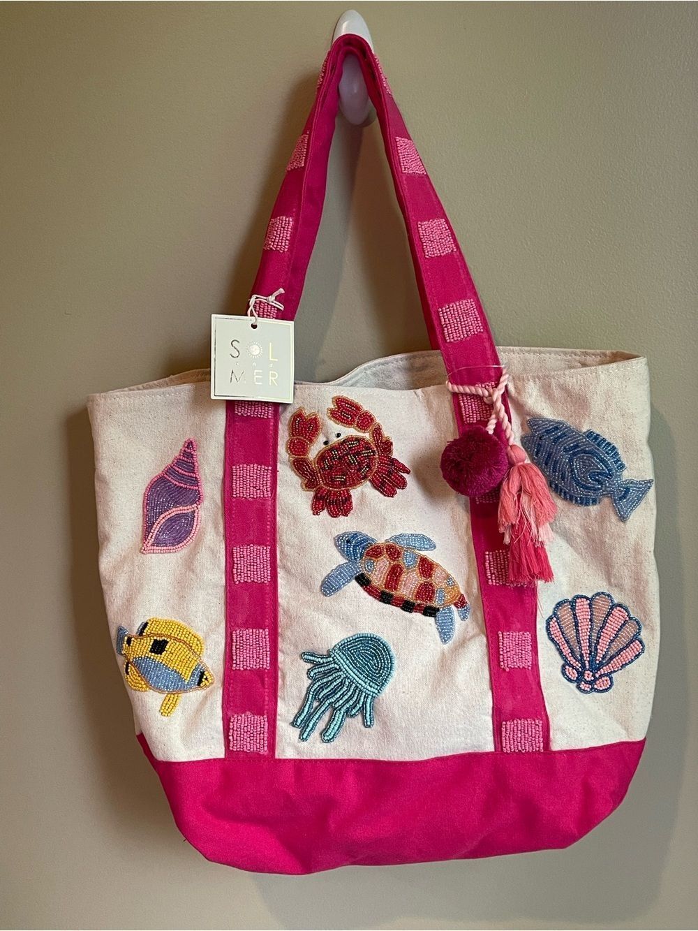 Sol & Mer Pink Sea Creature Beaded Embroidered Sea Life Tote